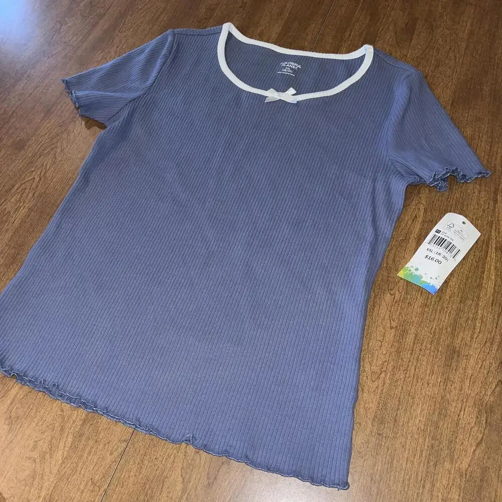 Colorful Planet Girls Ribbed Dusty Blue Short Sleeve White Trim Bow Coquette